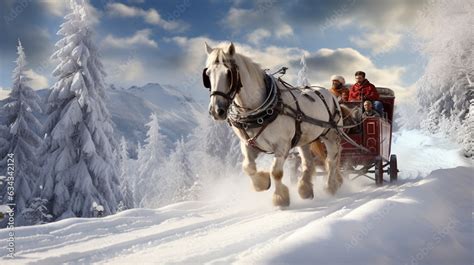Horse-drawn sleigh in a winter landscape