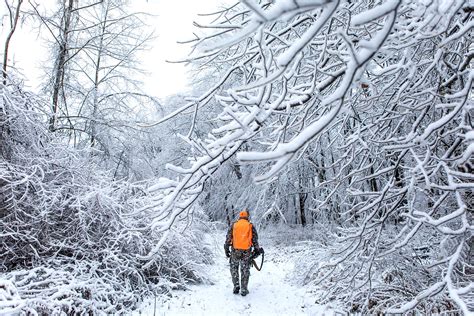 Hunter Tracking Deer in Deep Snow