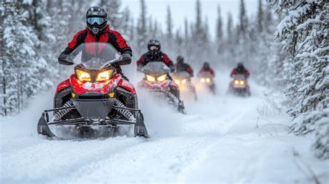 Snowmobilers riding through a snowy forest