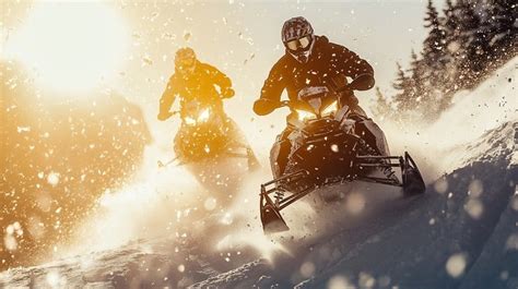 Snowmobiles at sunset